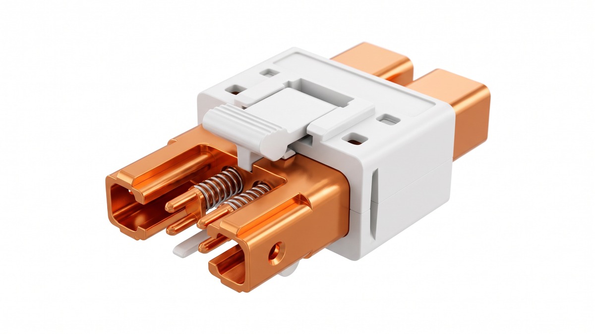 Macro photograph of an 800 volt DC hot-swap power connector with copper contacts
