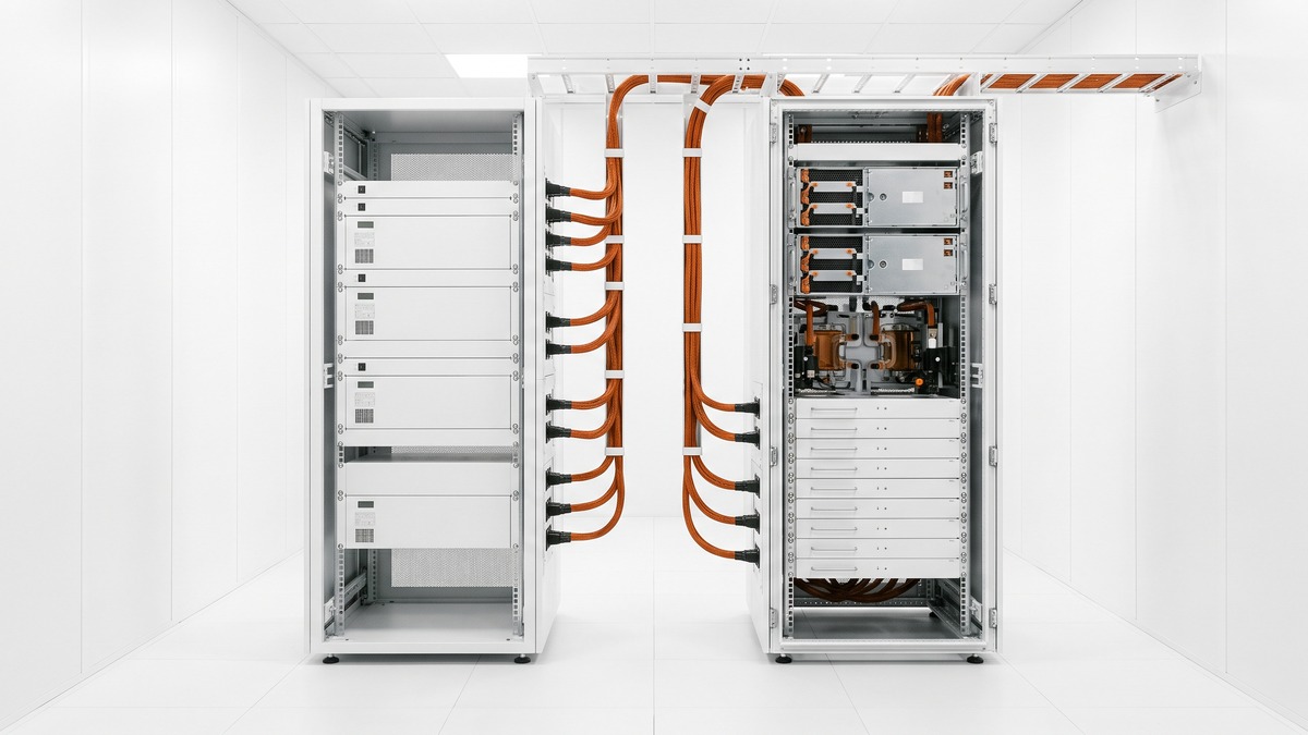A modular power distribution sidecar rack connected to a liquid-cooled AI server rack