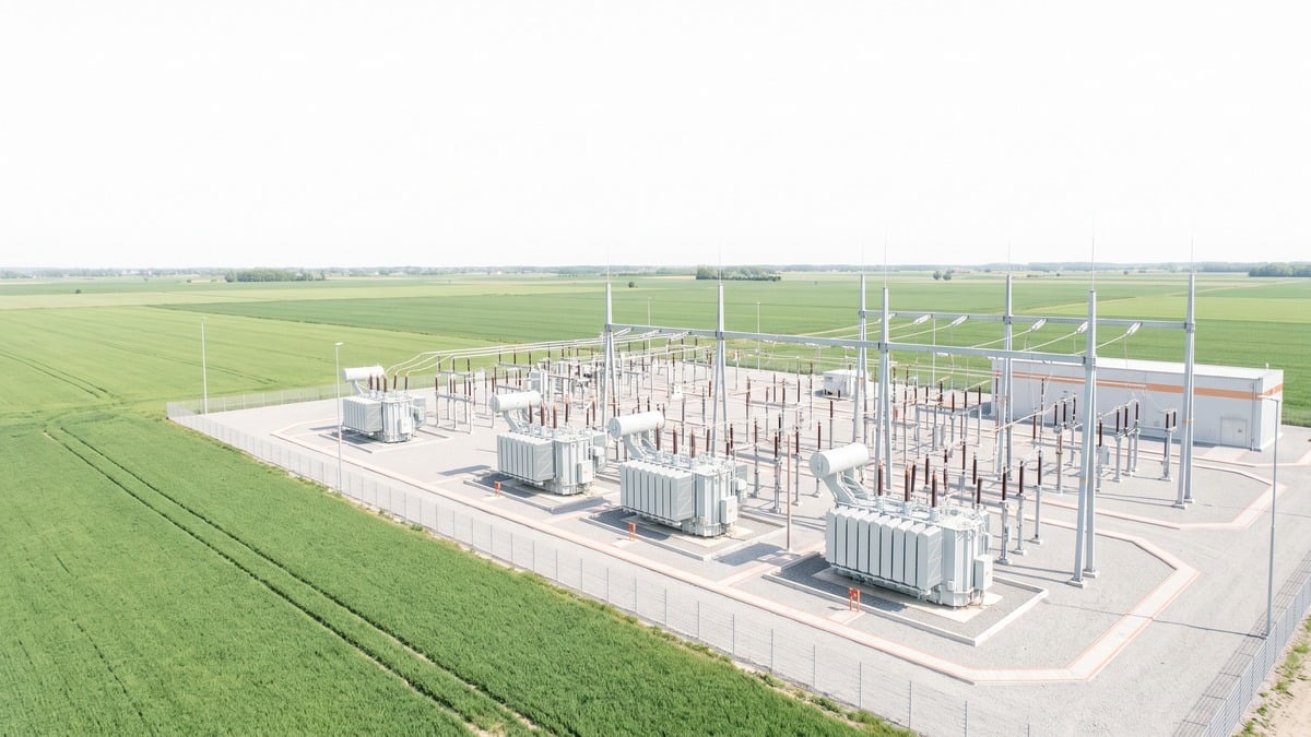 Aerial photograph of a high-voltage electrical substation beside open farmland