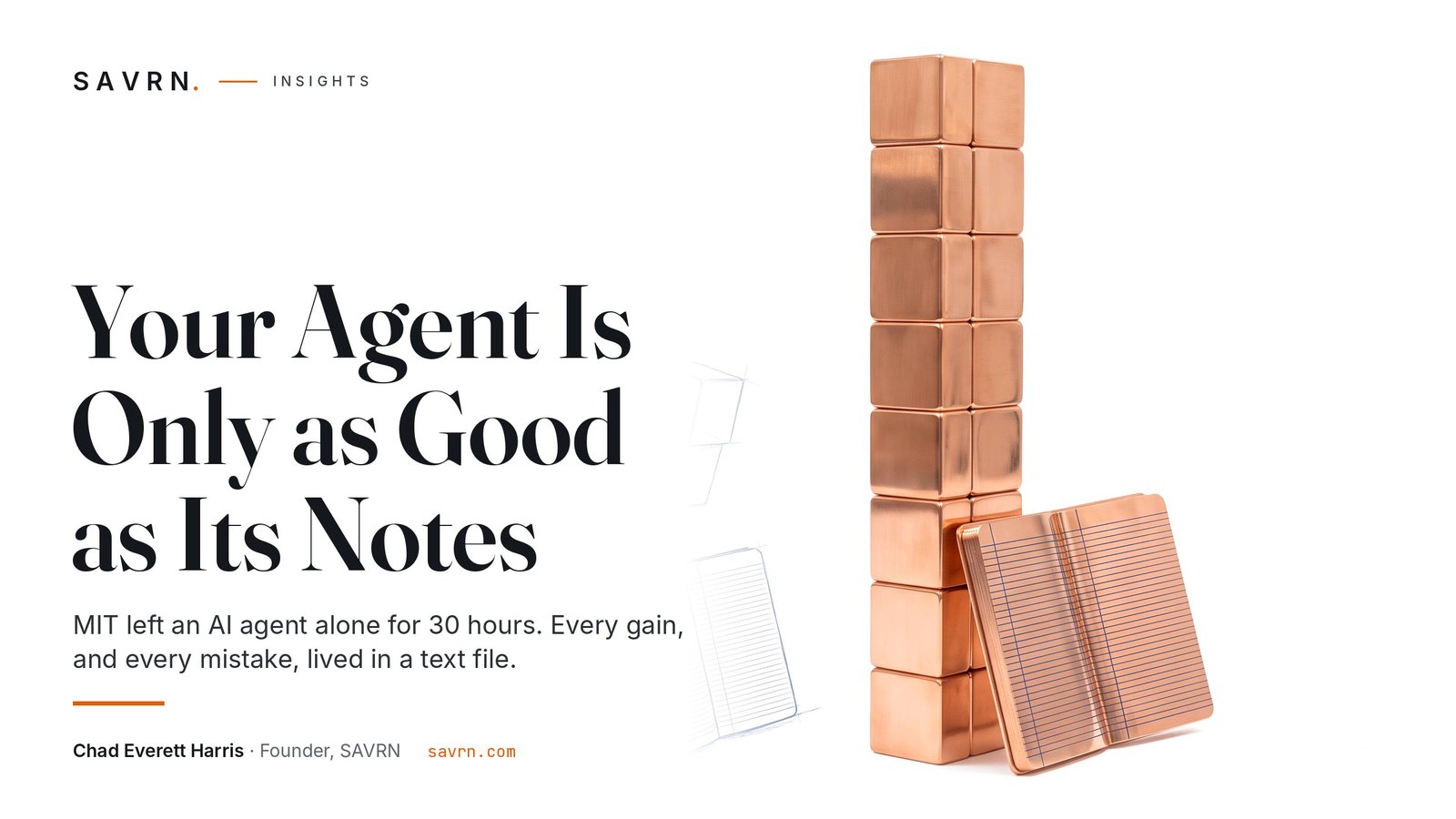 Solid copper cube tower with a copper notebook at its base beside a blueprint sketch of the same tower collapsed