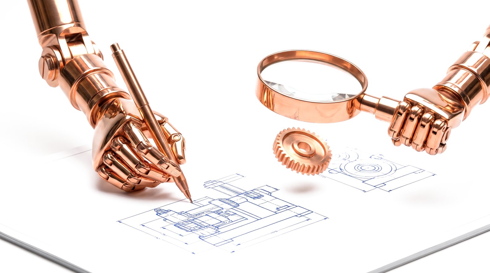 Two copper robotic arms over a blueprint