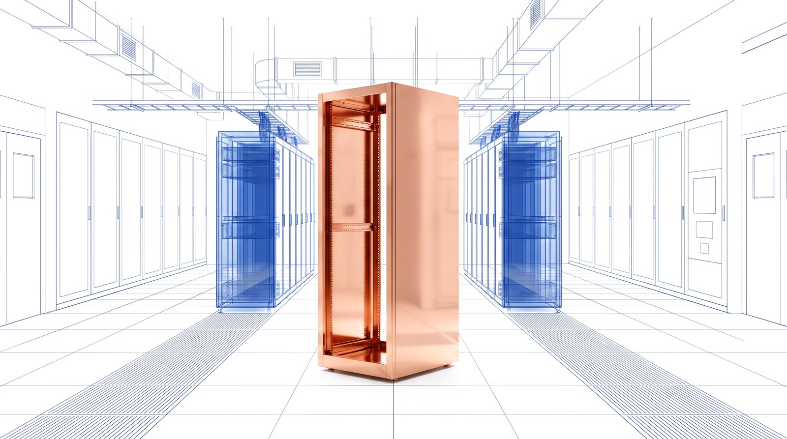 A polished copper server rack standing in a white data hall whose walls are drawn as fine cobalt-blue blueprint linework.