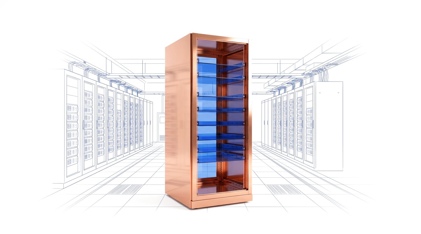 A polished copper server rack standing in a white data hall with fine cobalt-blue blueprint linework outlining the hall