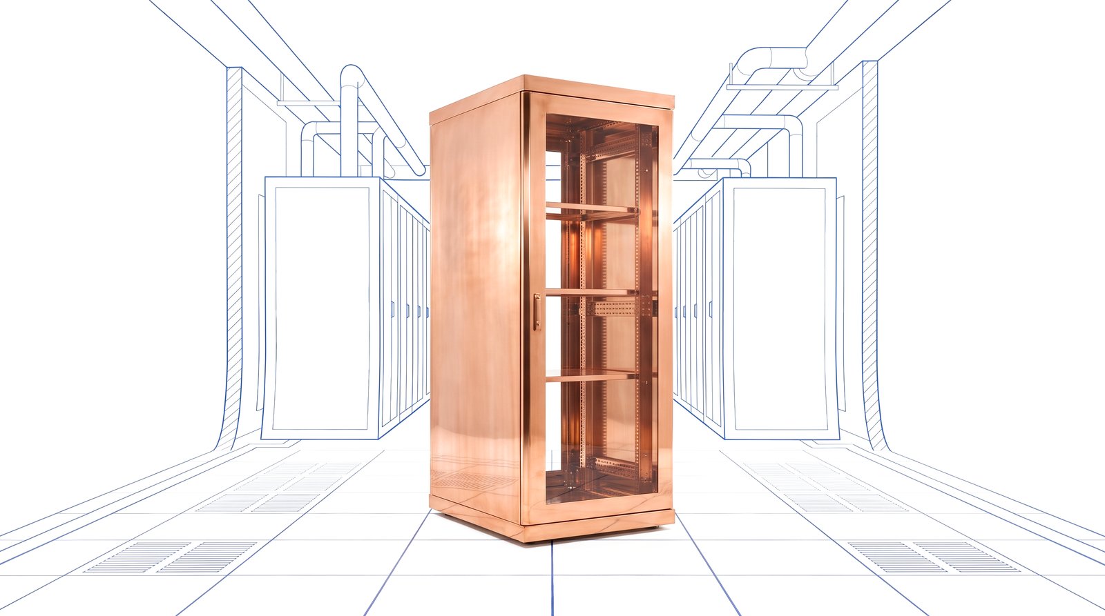 A polished copper server rack standing on a white floor with cobalt-blue blueprint outlines of data hall walls