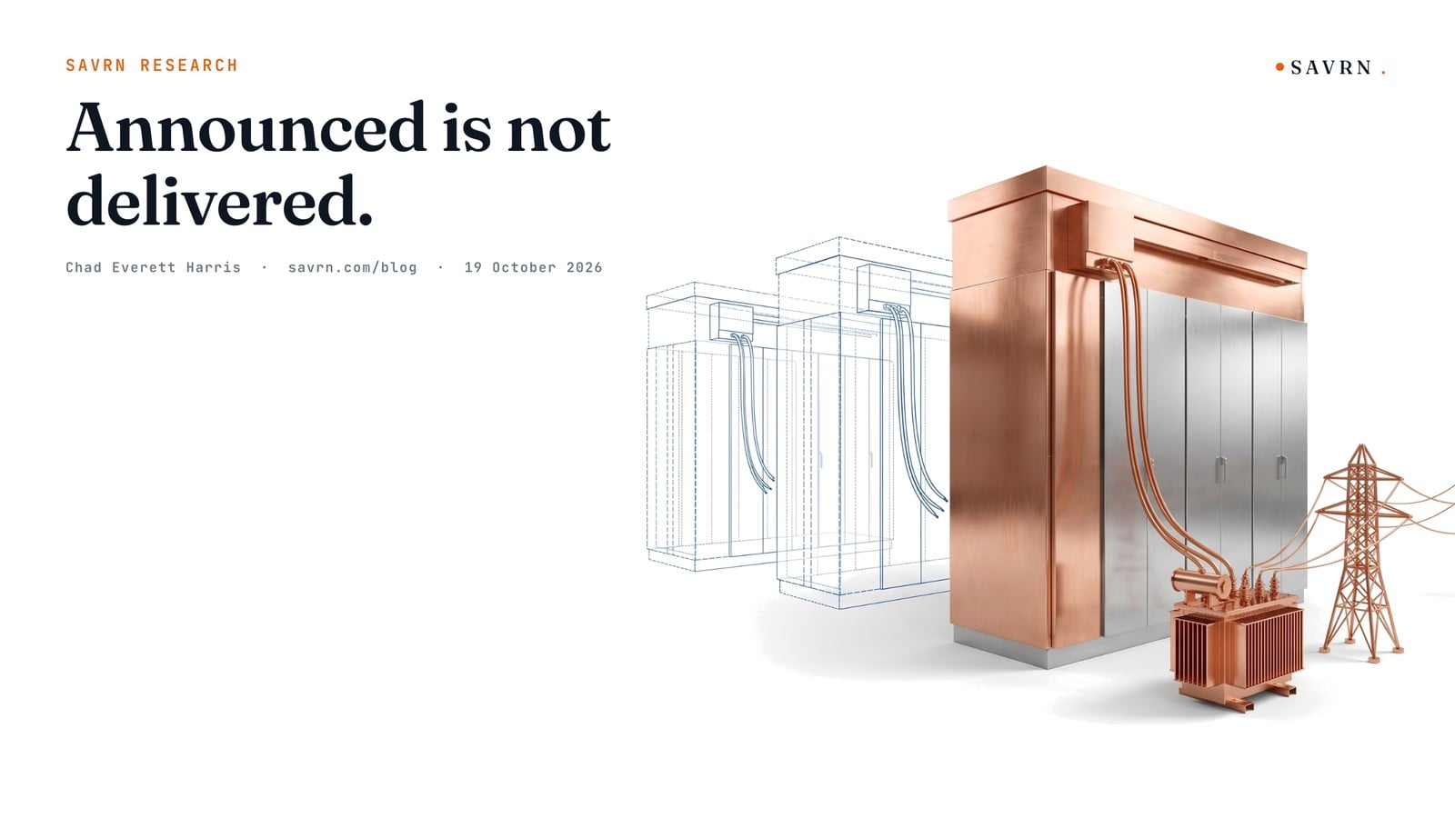 One powered copper data center wired to a transformer beside two unfinished blueprint buildings
