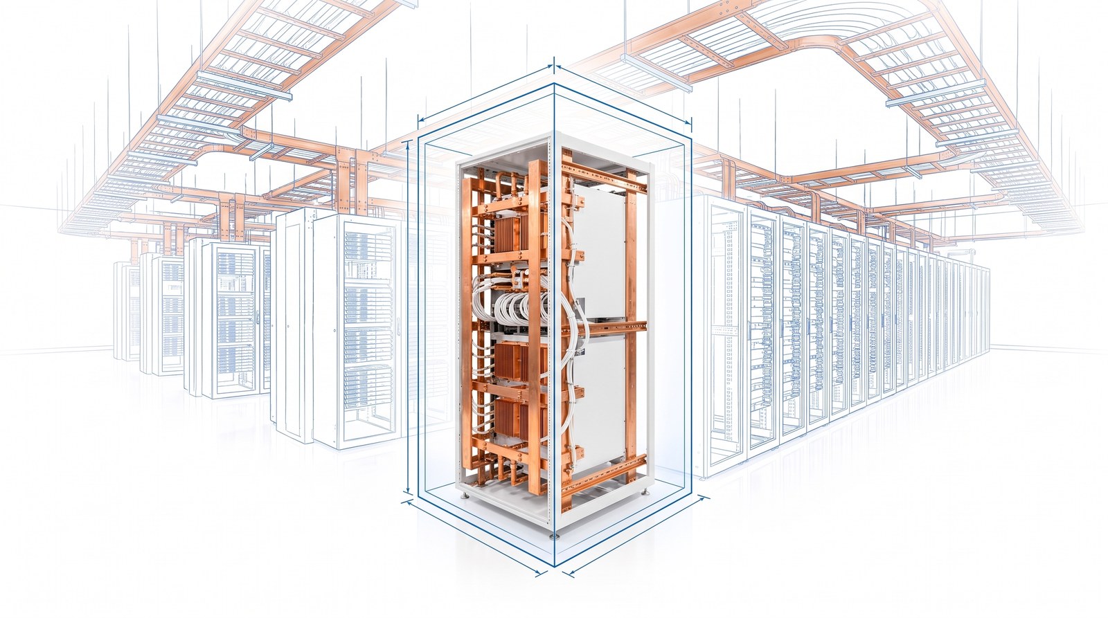 A single solid copper server rack inside a snug blueprint envelope, with a faded sprawling rack hall behind it.