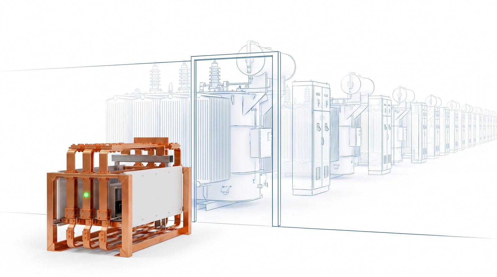 A solid copper compute block already energized beside a long faded blueprint line of transformers and switchgear waiting