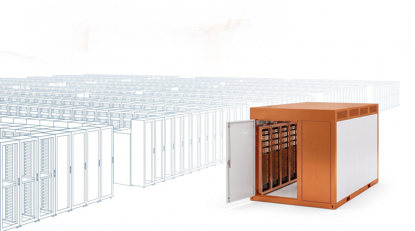 A compact copper compute block in front of a vast faded blueprint hall of empty racks