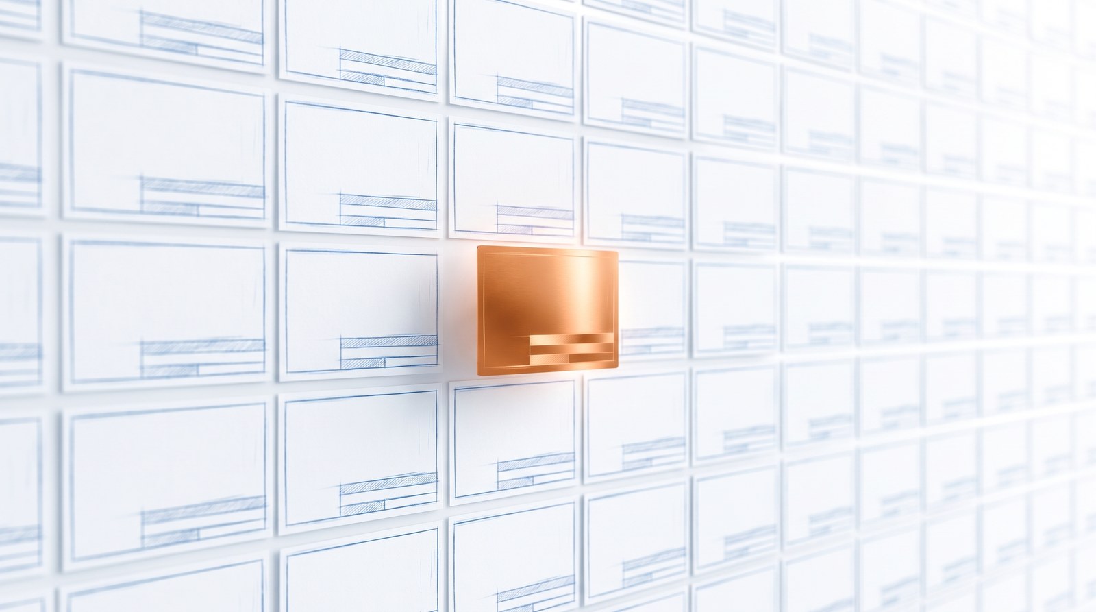A wall of faded blueprint spec cards with one solid copper card lifted forward.