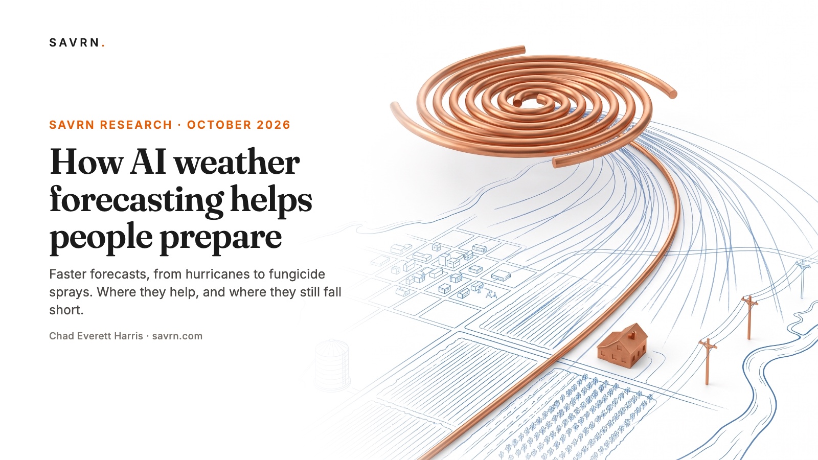 Copper hurricane spiral above a blueprint town and farm fields, with many forecast track lines and one copper track