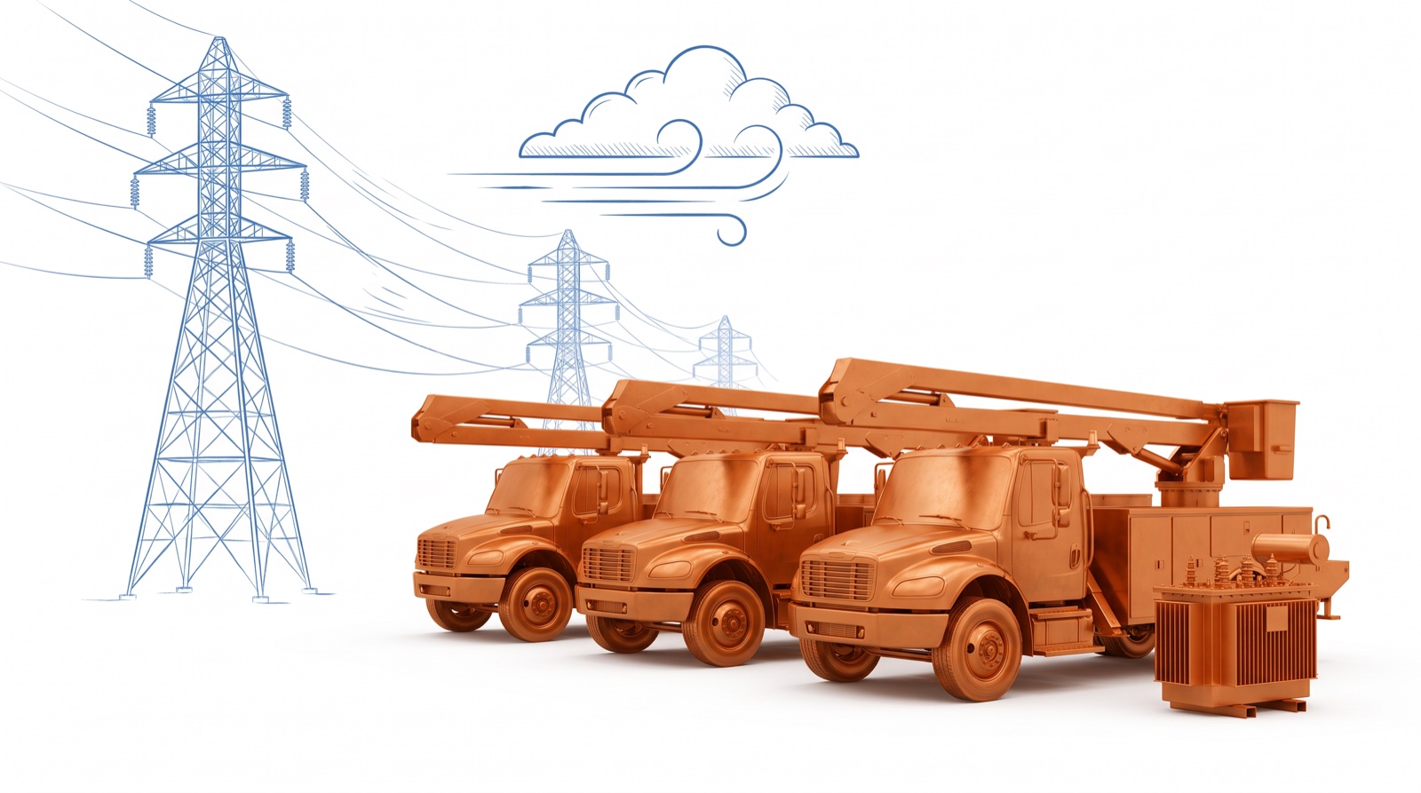 Three copper bucket trucks and a transformer staged beside blueprint power lines under a storm cloud