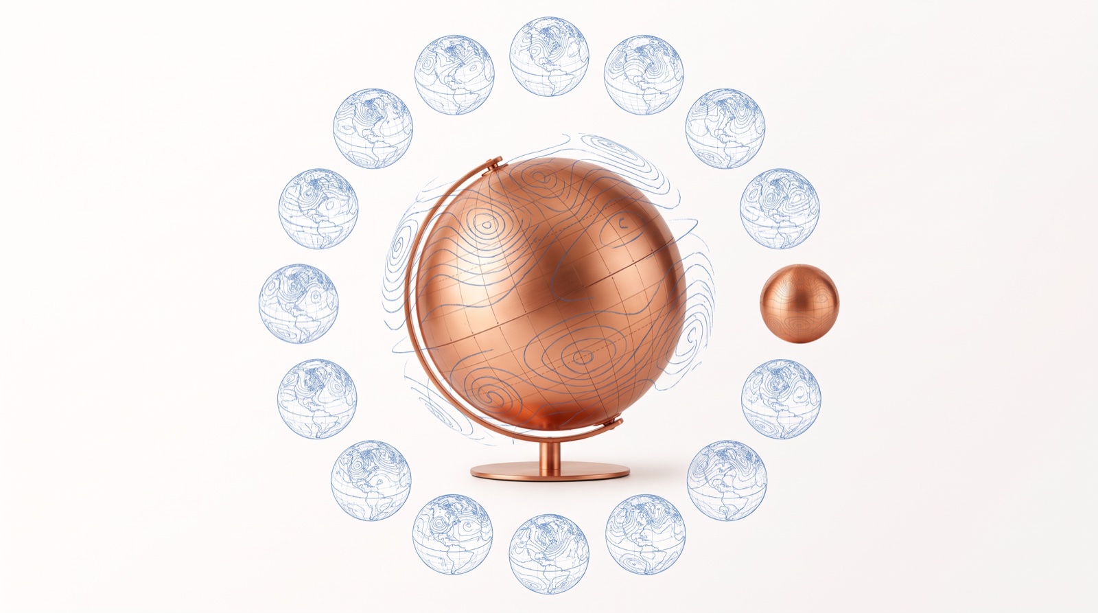 Copper globe on a stand circled by many blueprint globes, one of them solid copper