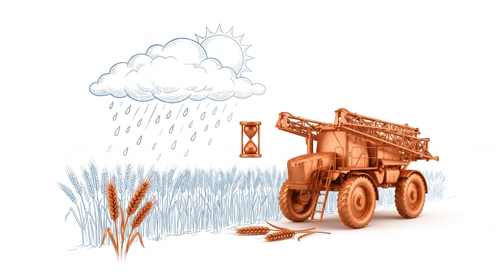 Copper crop sprayer and wheat heads beside a blueprint rain cloud with an hourglass between them