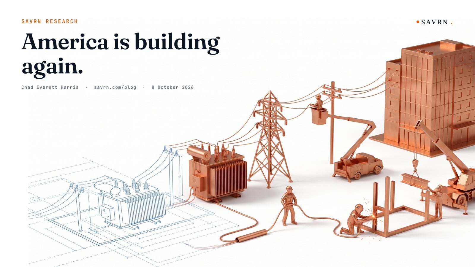Copper workers, transformer, tower and data center built out of a blueprint sketch of the same scene