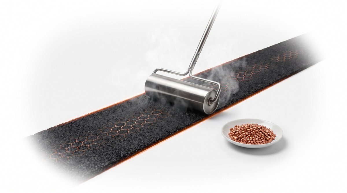 A hand roller compacting a fresh ribbon of graphene-modified asphalt, with binder pellets in a dish beside it