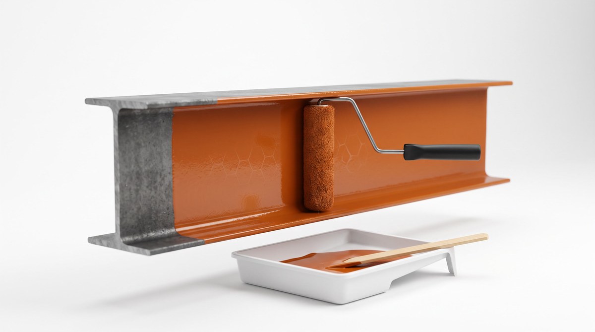 A roller applying a copper-colored graphene protective coating to a raw steel I-beam