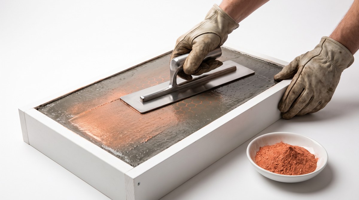 A trowel finishing a fresh concrete slab blended with a copper-toned graphene admixture