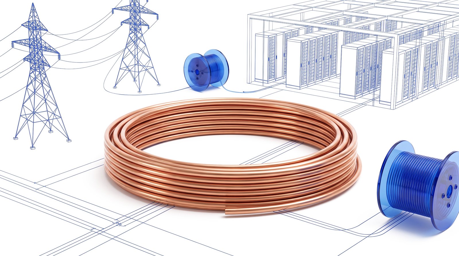 A polished copper cooling loop coiled on a white studio floor with cobalt-blue blueprint pipes and a data hall outline