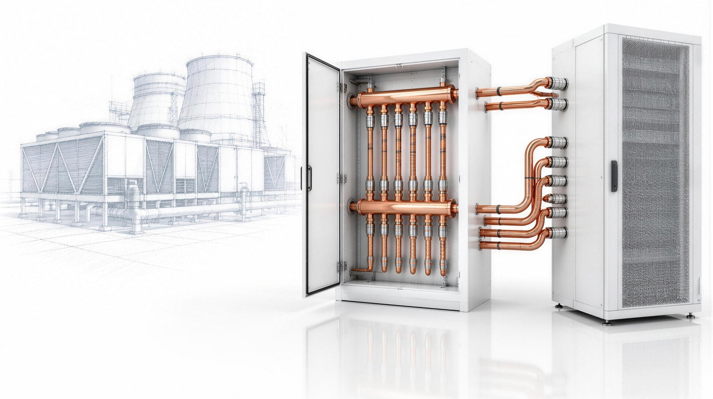 Copper liquid-cooling manifolds and a coolant distribution unit on white, with sketched rooftop chillers behind