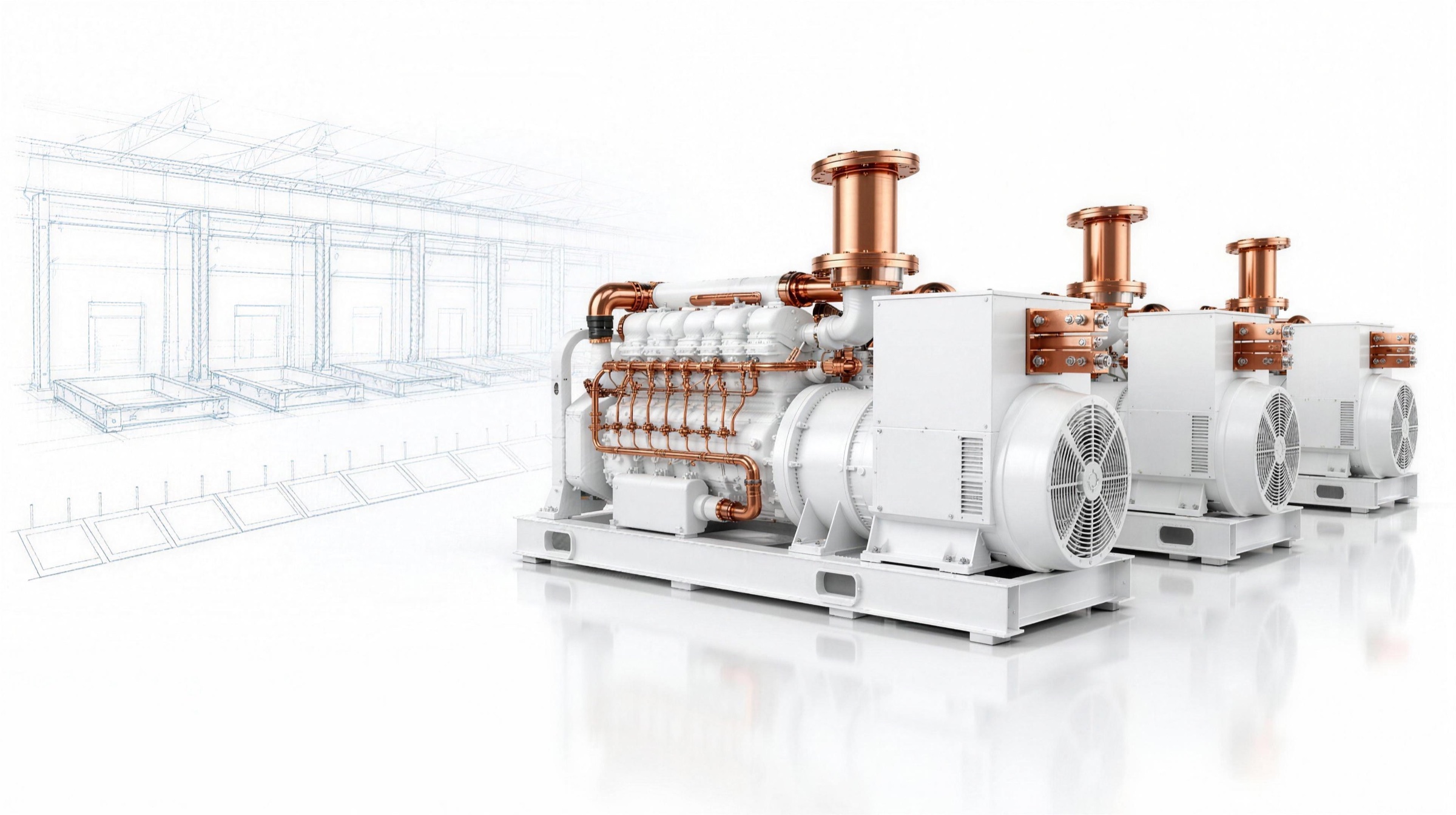 A row of large generator sets with copper fuel and exhaust lines on a factory floor, with sketched empty bays behind