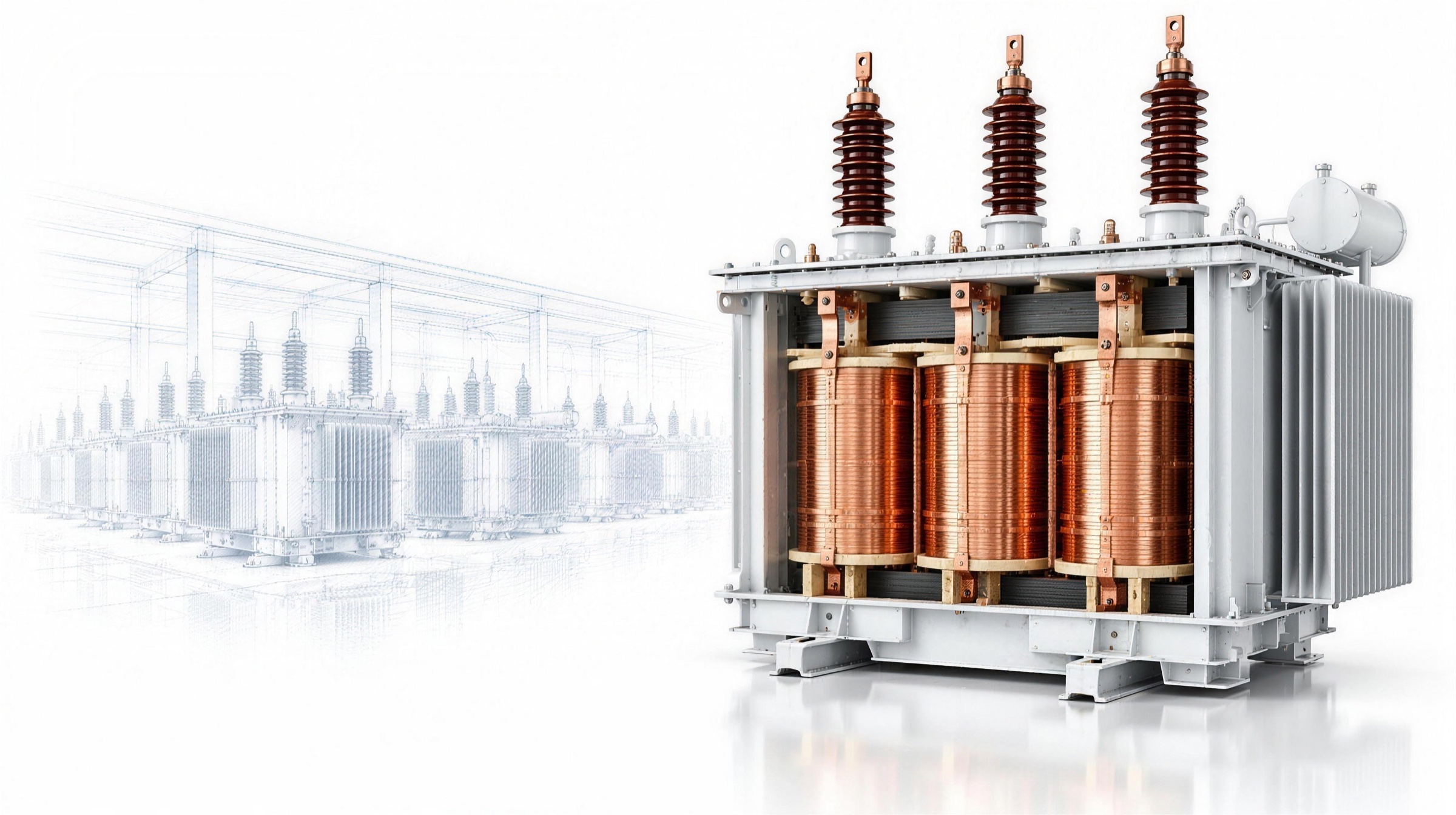 A copper-wound power transformer in a factory bay, with sketched transformers queued behind it