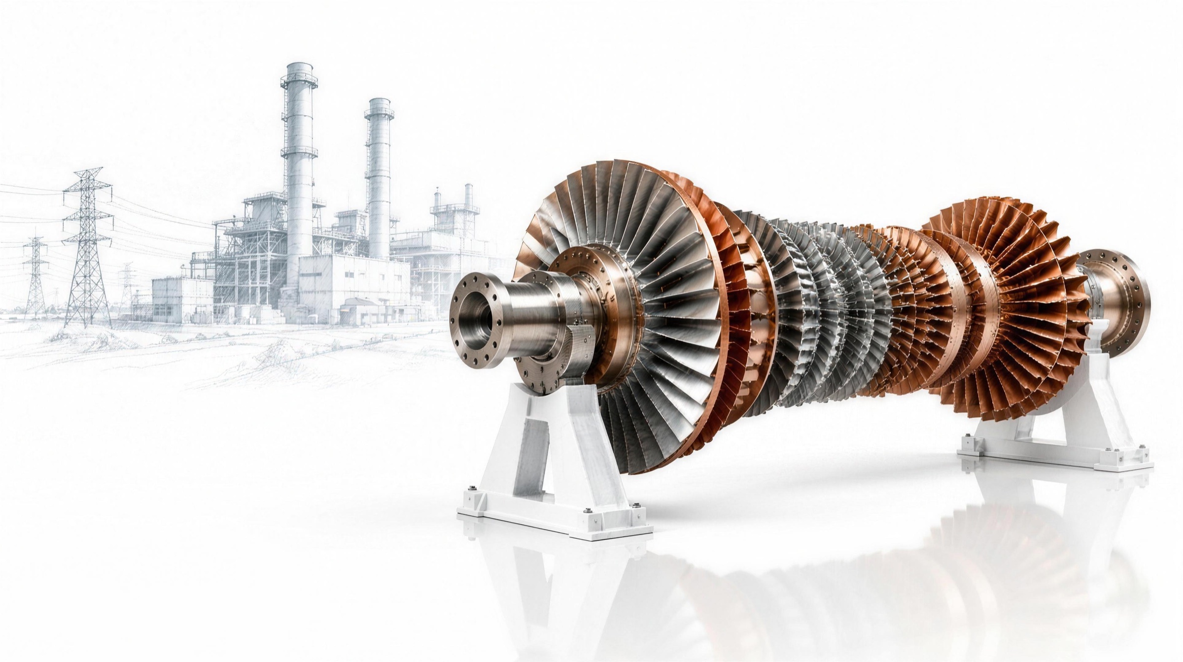 A gas turbine rotor with copper and steel blades on a white stand, with a sketched power plant fading behind it