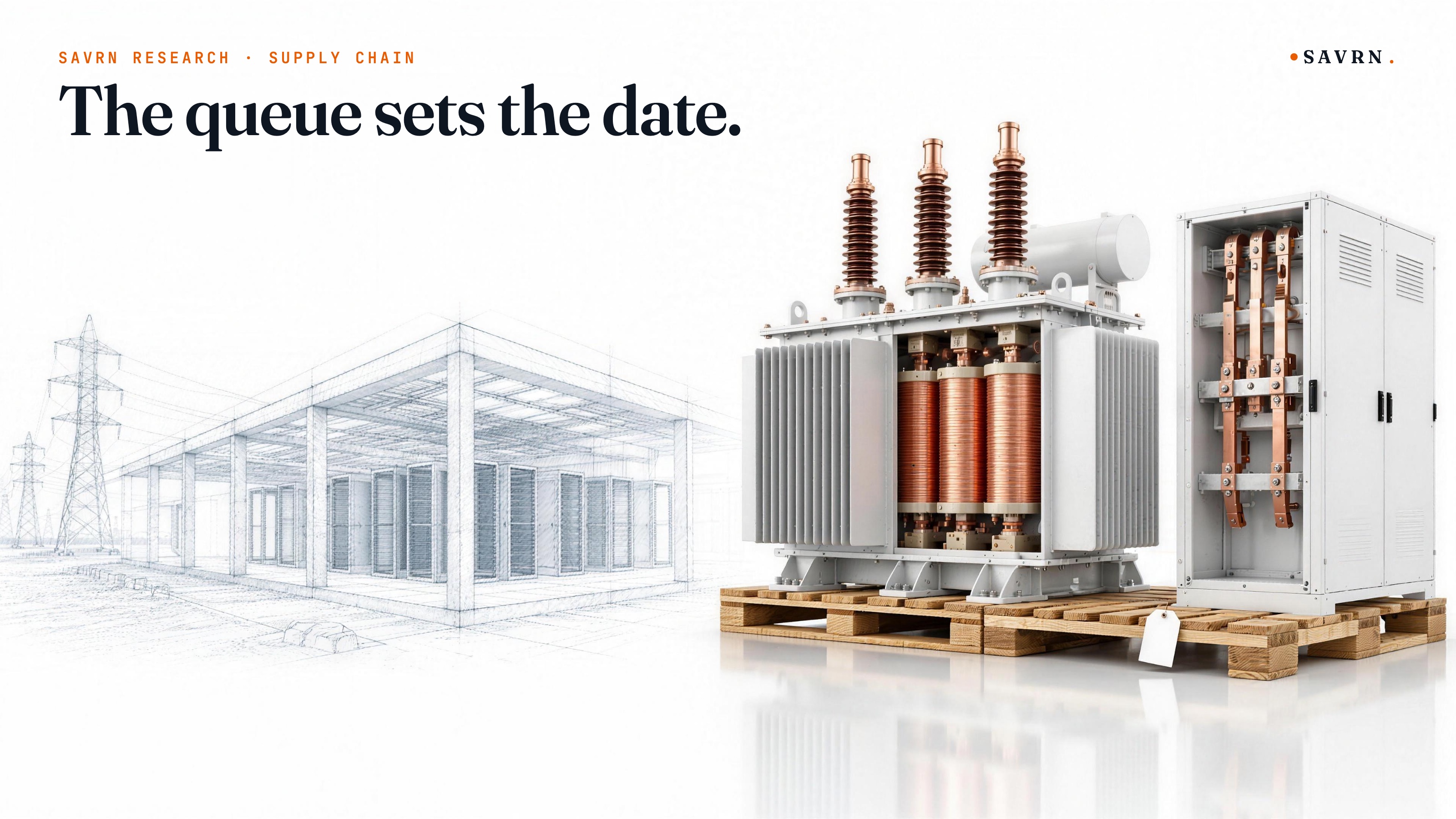 A copper-wound transformer and switchgear on shipping pallets beside a sketched, unfinished data center shell