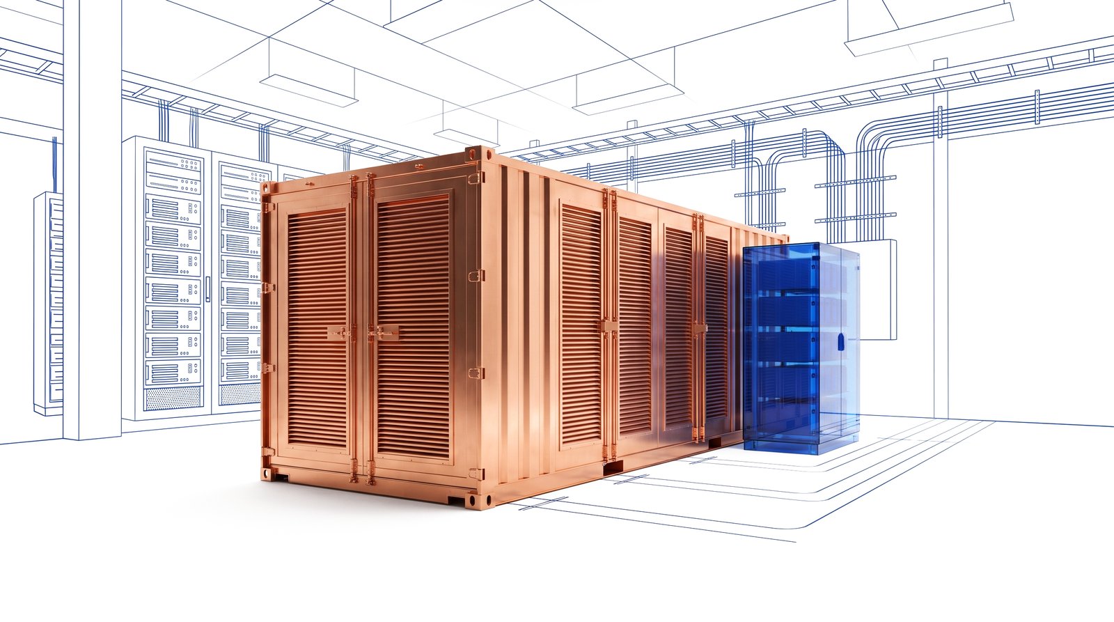 A polished copper server rack standing in a white data hall whose walls are drawn as fine cobalt-blue blueprint linework.