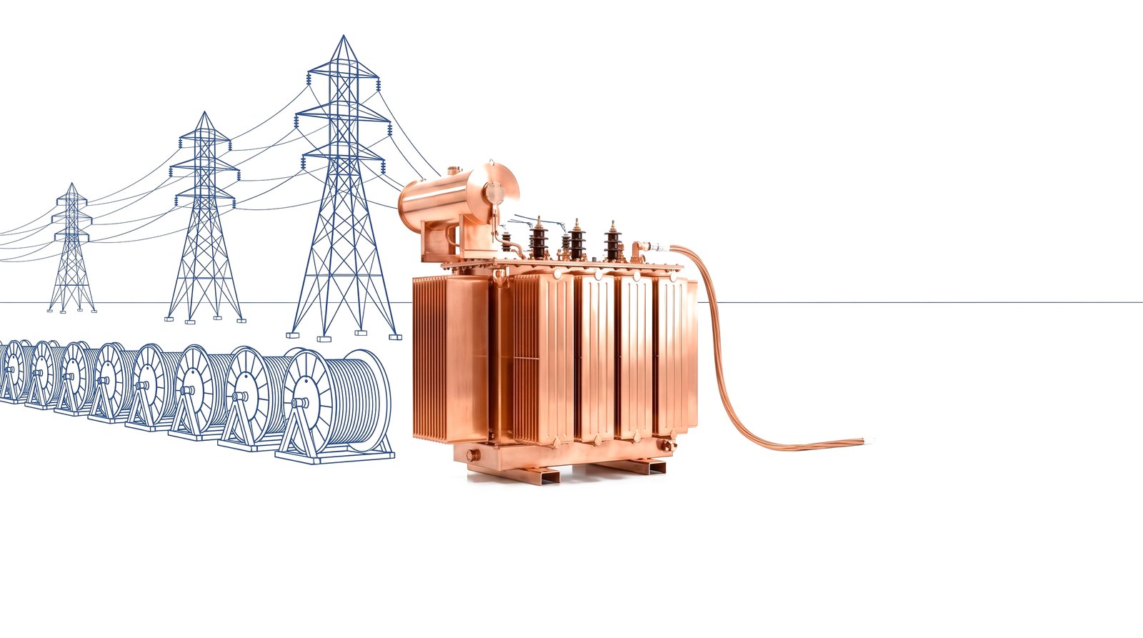 A polished copper utility transformer on a white studio floor with cobalt-blue transmission towers and grid lines