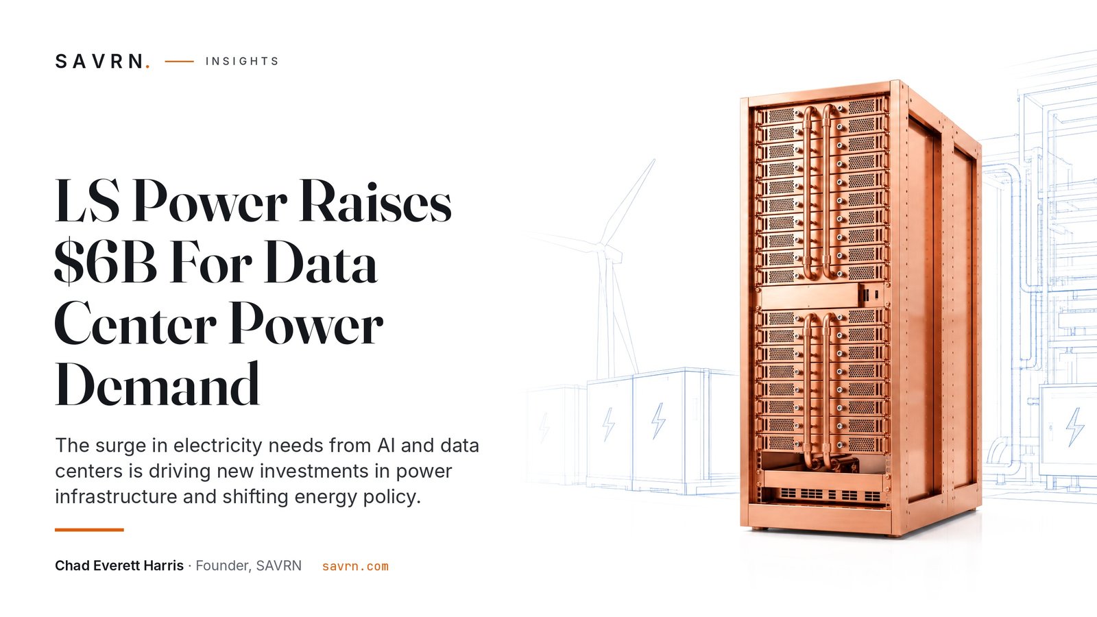 A polished copper server rack stands in a white data hall, with a blue outline of a wind turbine and battery array behind it.