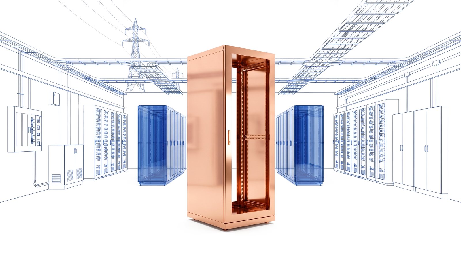 A polished copper server rack standing in a white data hall whose walls are drawn as fine cobalt-blue blueprint linework.