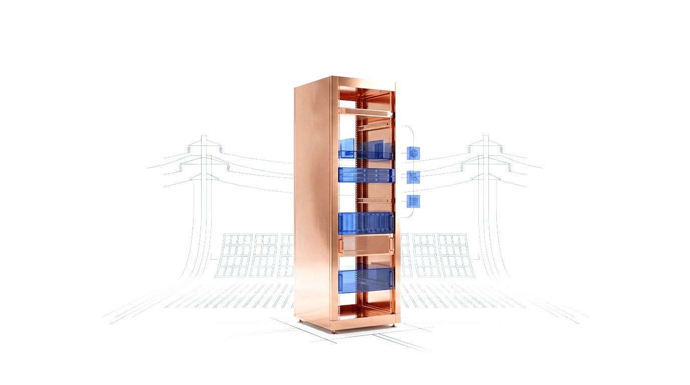 A polished copper server rack stands in a white data hall with cobalt-blue blueprint outlines of transmission lines