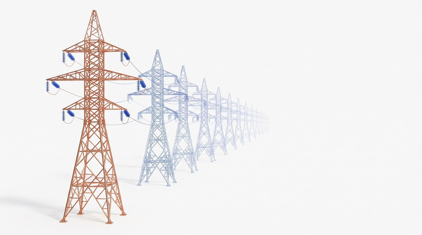 One copper transmission tower in front of a long row of blueprint-outline towers fading into the distance