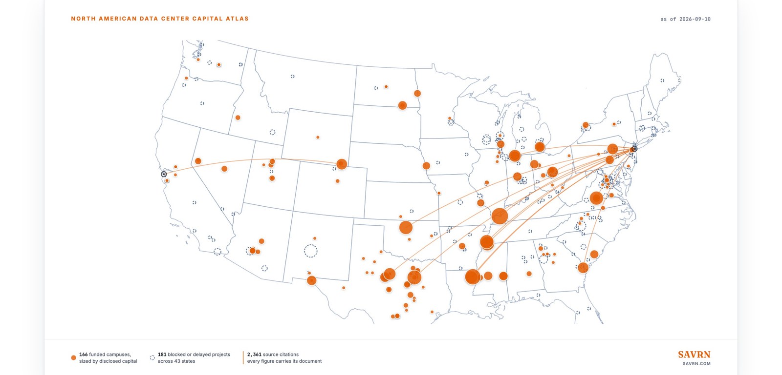 Capital Atlas map of North America with funded campuses in copper and blocked or delayed projects outlined