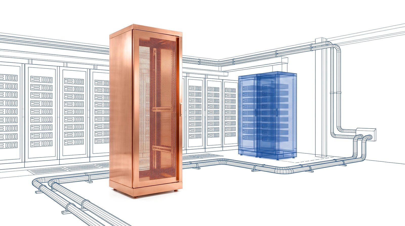 A polished copper server rack standing in a white data hall with cobalt-blue cooling pipes and a wind turbine outline