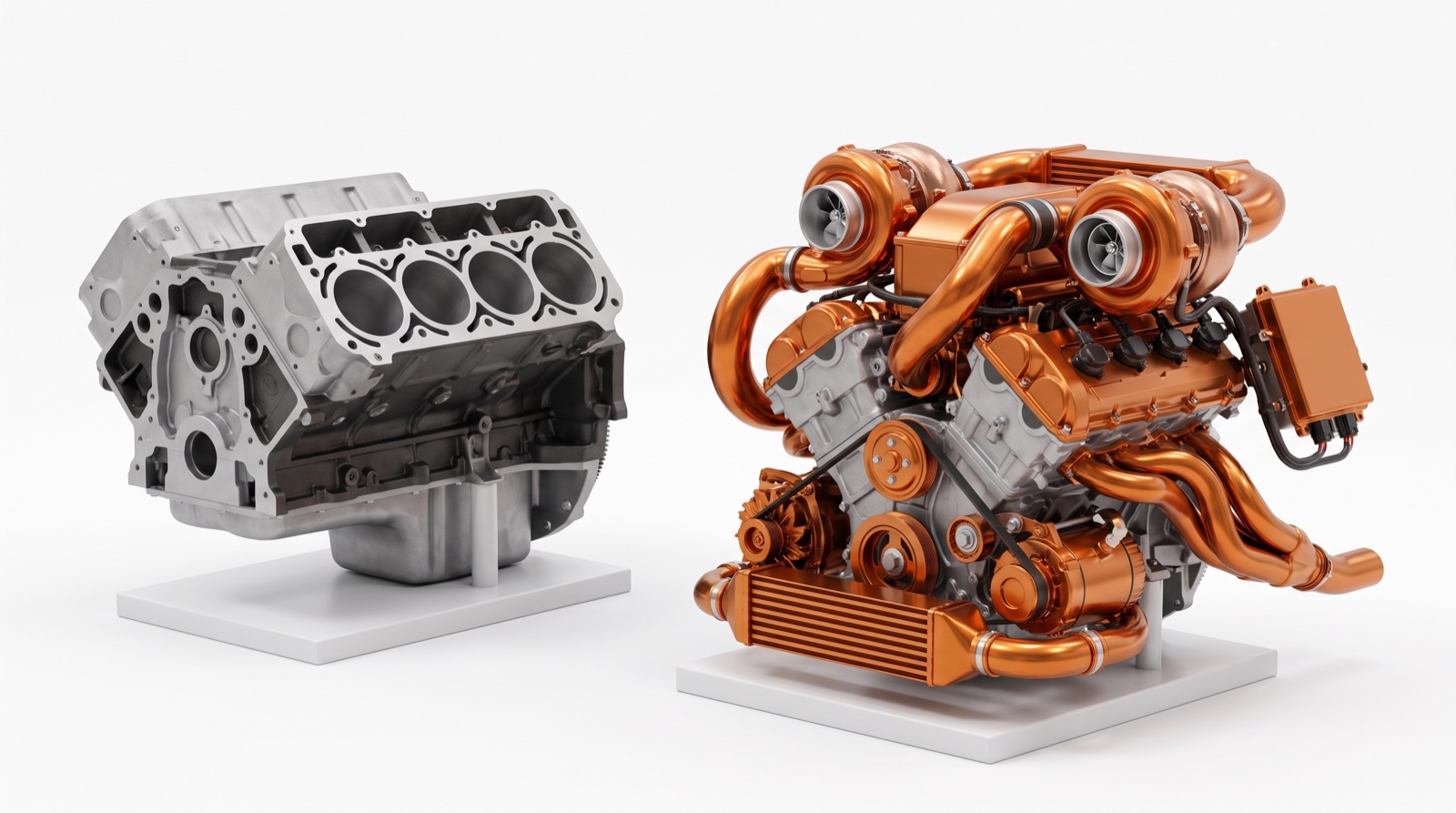 Two engines on white plinths: a large bare naturally aspirated V8 block in plain aluminum next to a small V6 block wrapped