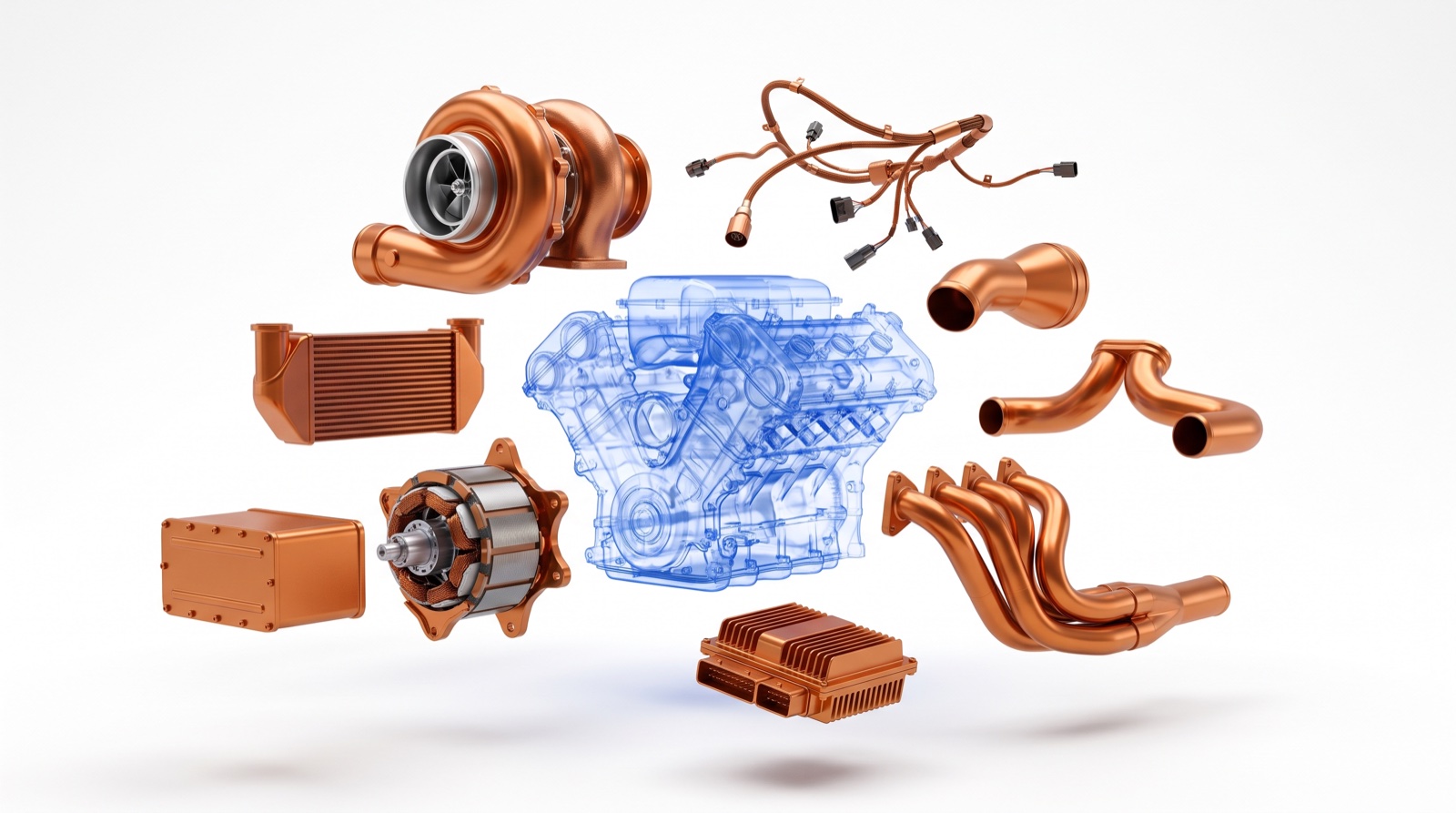Exploded view of a hybrid power unit: the V6 block drawn as translucent blue blueprint linework with the turbocharger
