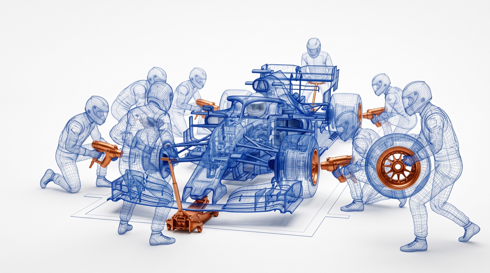 A pit crew and race car drawn as translucent blue blueprint linework, with only the wheel guns