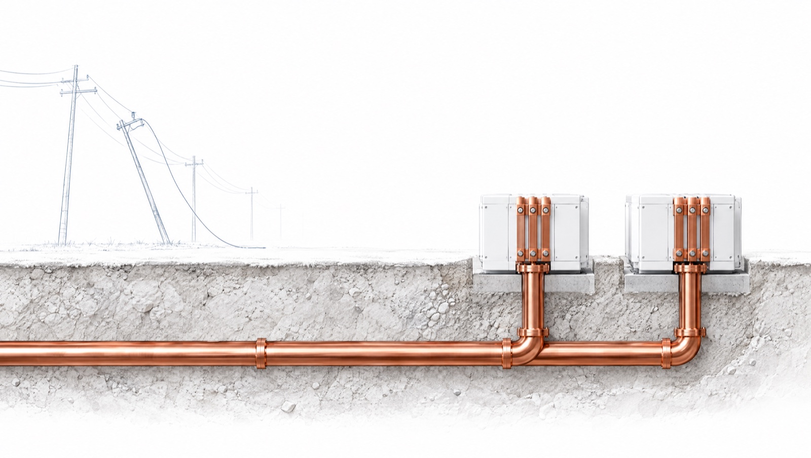A buried copper gas line feeding fuel-cell modules, with sketched power poles and one pole down behind