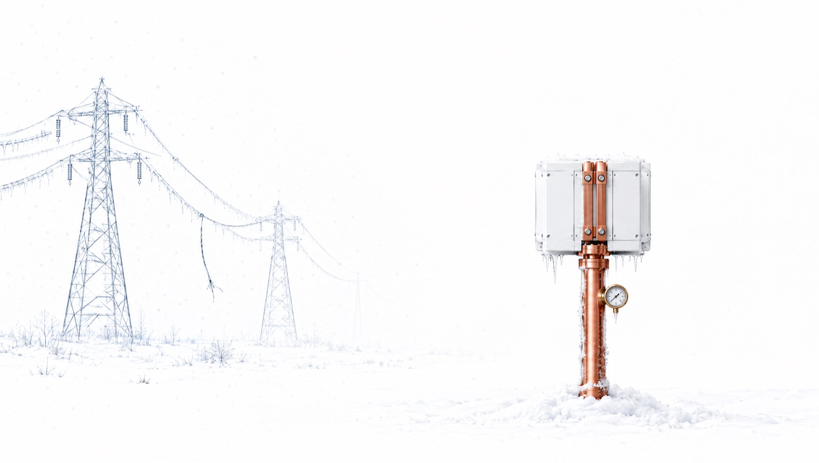 A frosted copper gas line feeding a fuel-cell module, with sketched ice-coated transmission towers behind