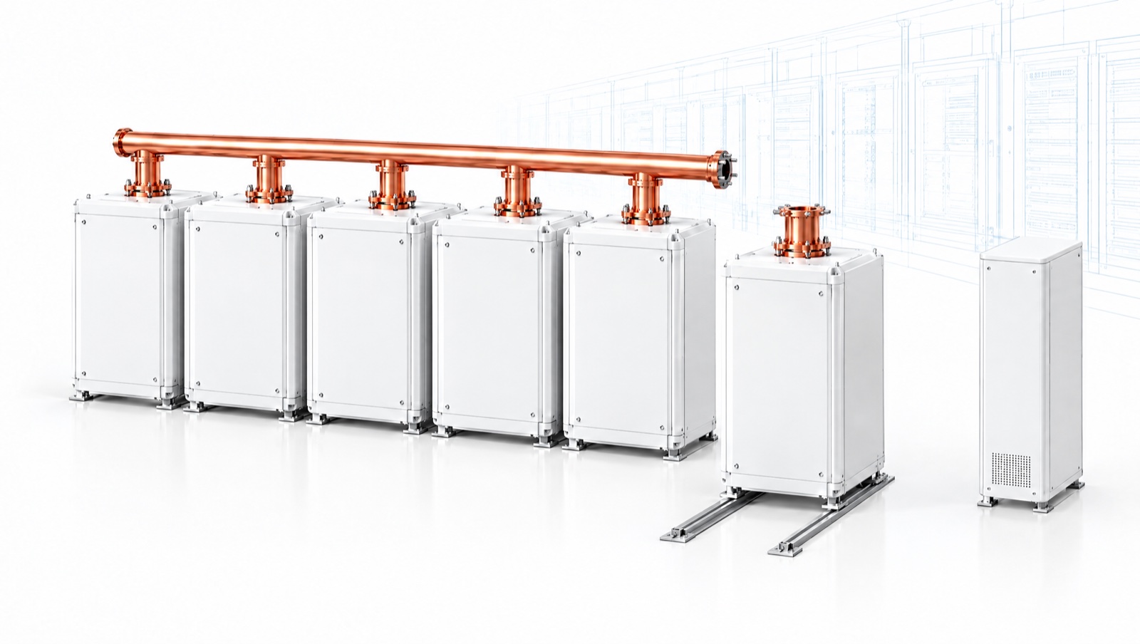 Five fuel-cell cabinets on a copper header with a sixth pulled out on rails for service, beside a battery cabinet