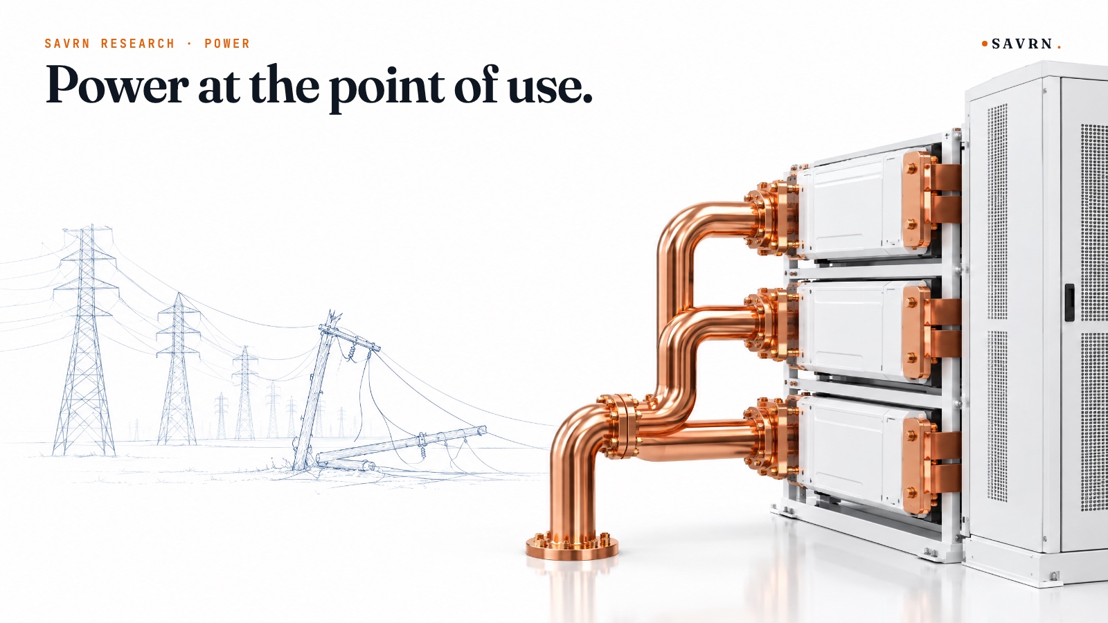 Power at the point of use: copper gas lines feeding fuel-cell modules beside power towers with one pole down