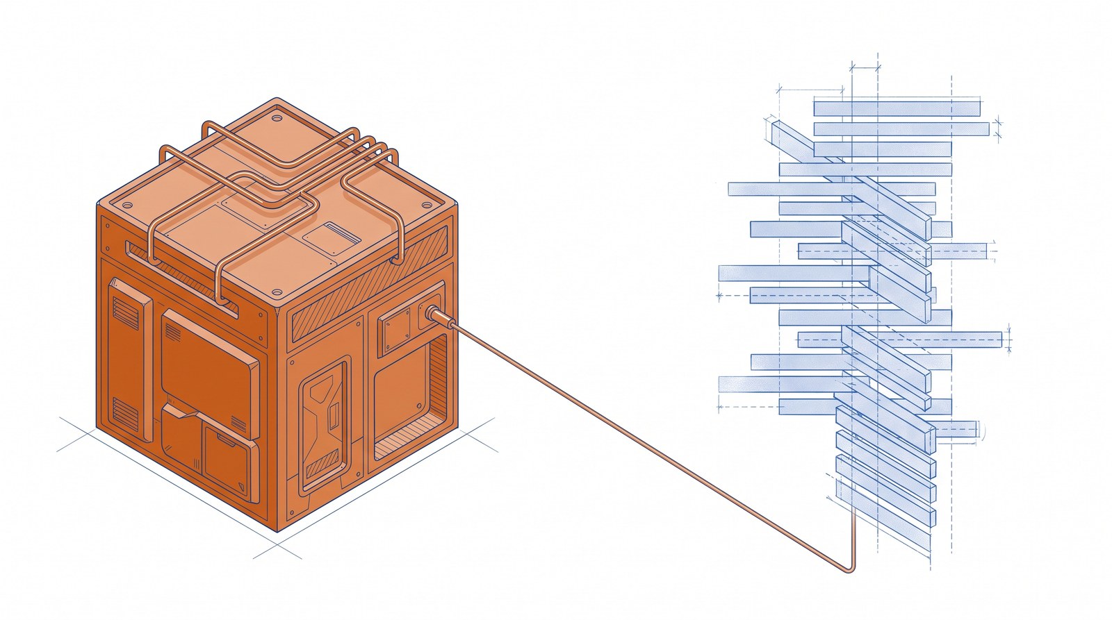 A compact copper factory-built compute block joined by a thin line to a tall blueprint scoreboard of horizontal bars.