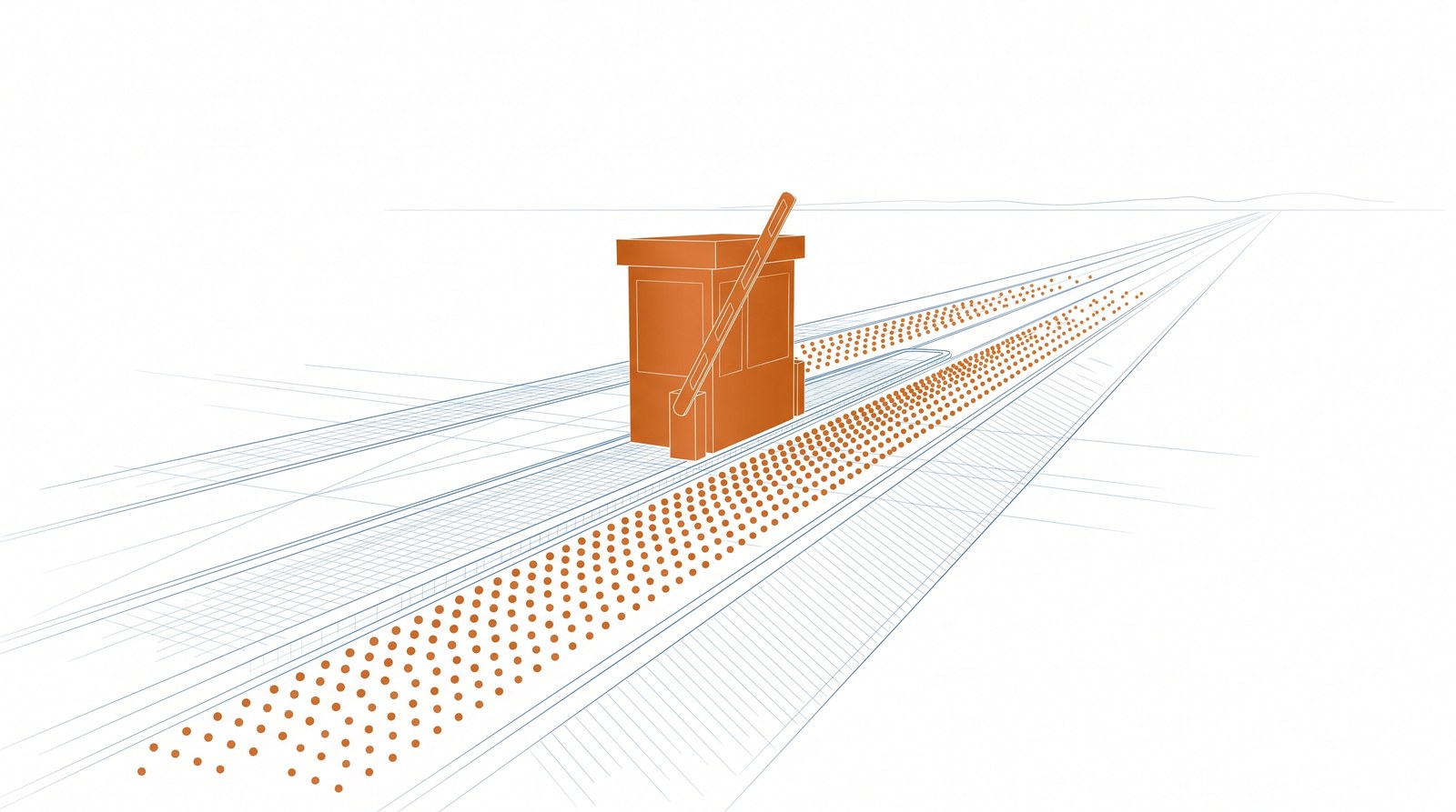 A solid copper toll booth with a raised gate arm on a wide blueprint highway, with rows of copper dots passing through.