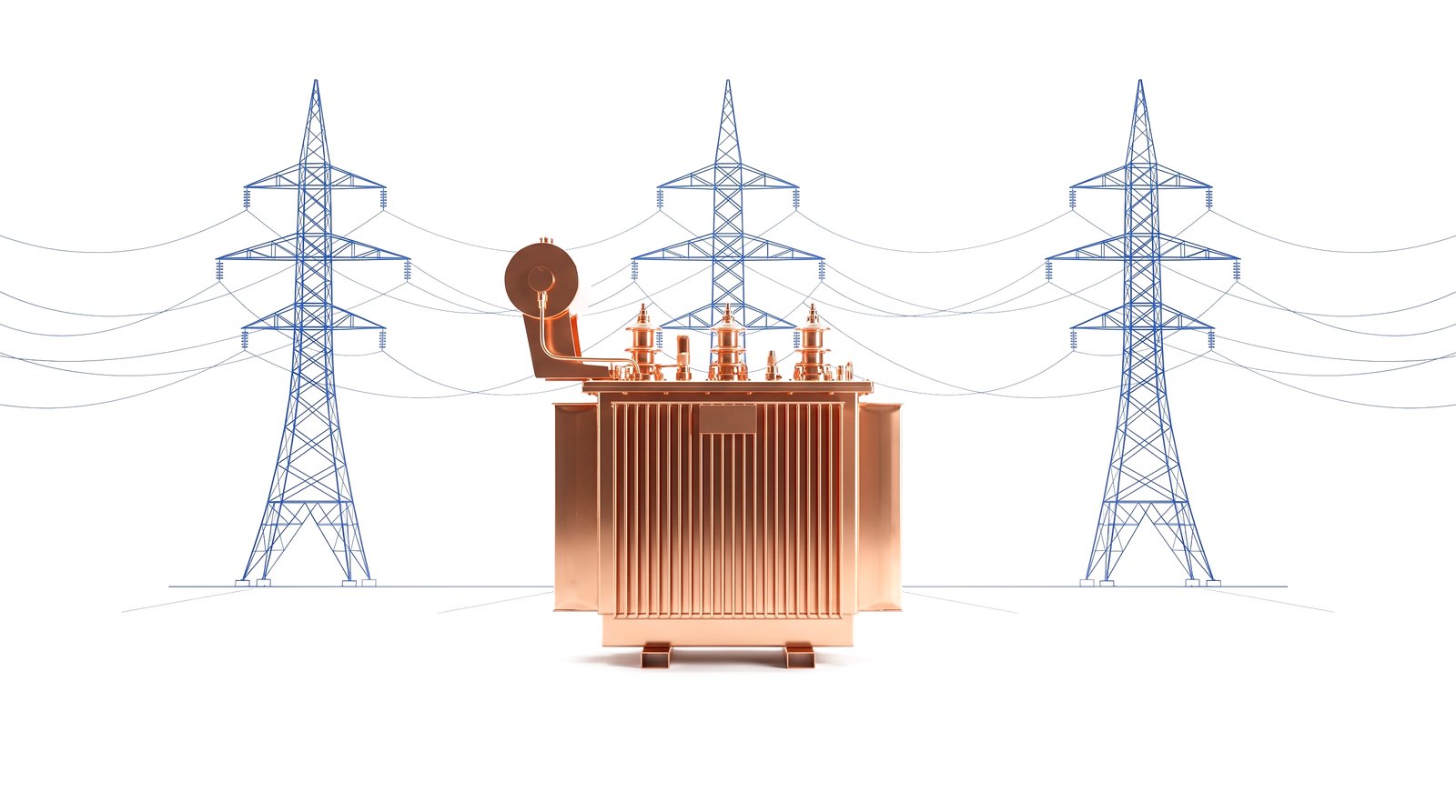 Copper transformer with blue transmission towers