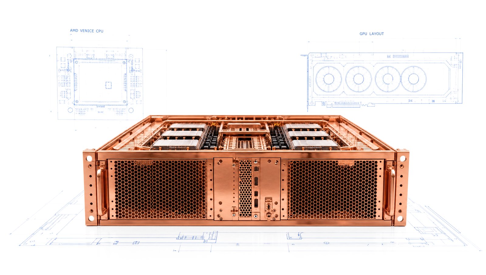 Open HPE Gen13 DL585a server chassis showing dual CPU and eight GPU slots, with internal layout blueprint overlay