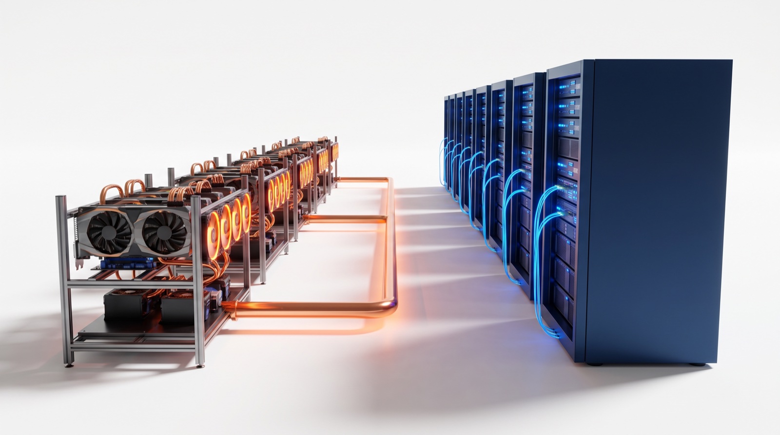 Mining rigs and AI racks sharing one copper bus, two loads, one grid