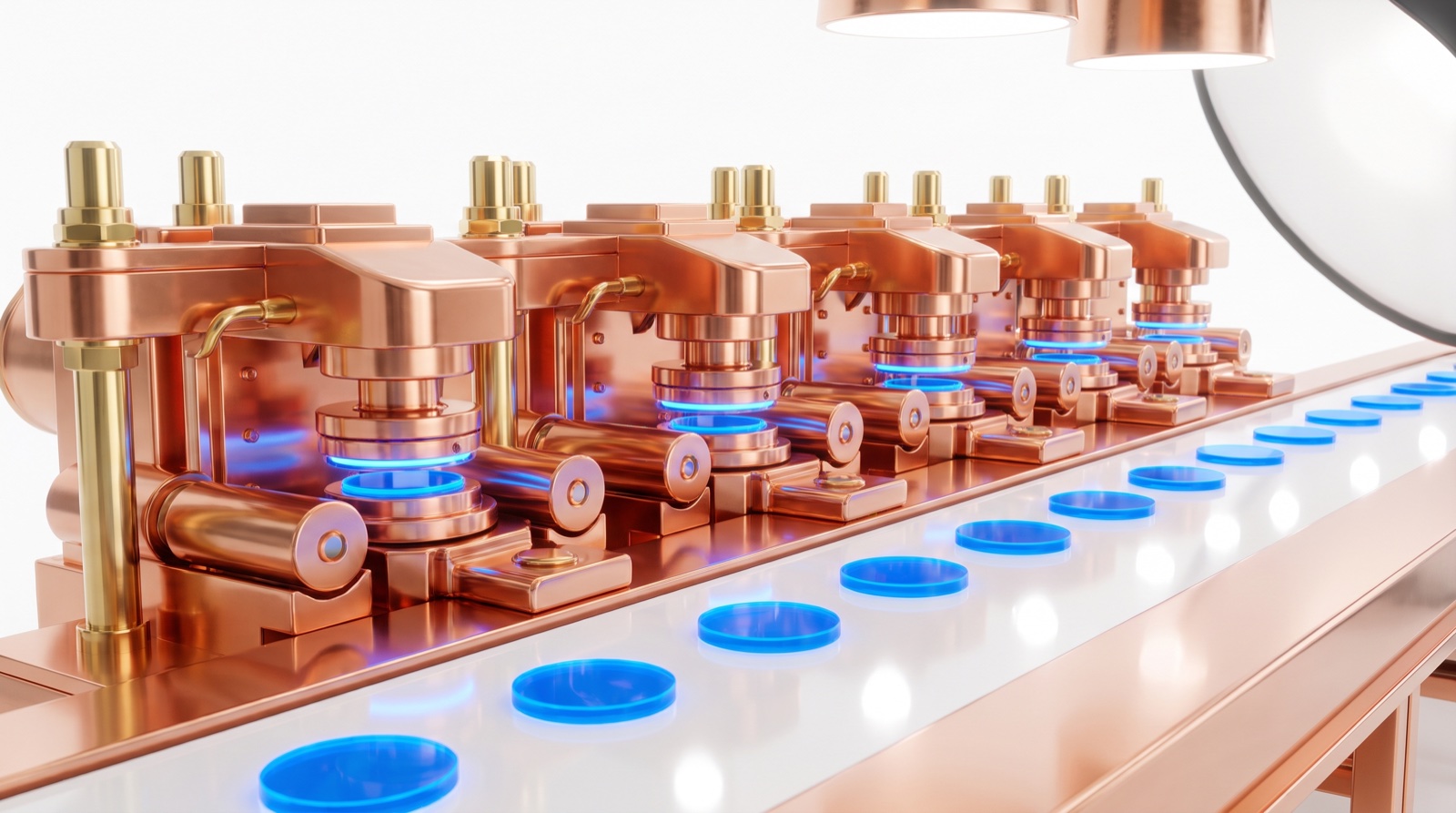 A factory line minting glowing blue tokens, the unit of the business is now the token