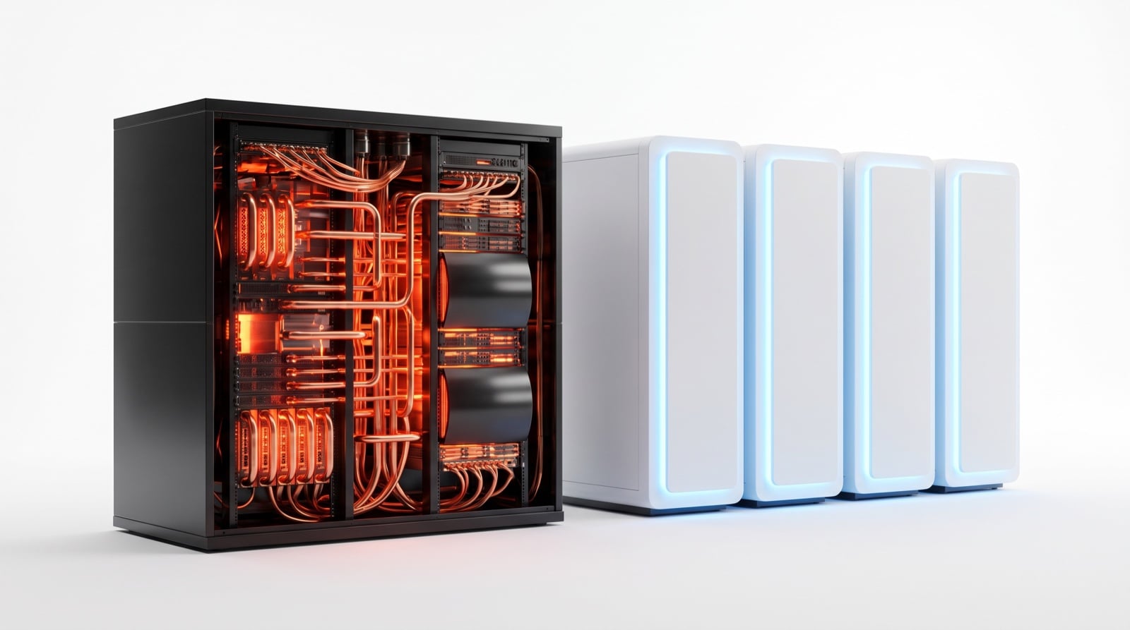 One overloaded rack beside four calm modular units, why a denser data center is not the answer