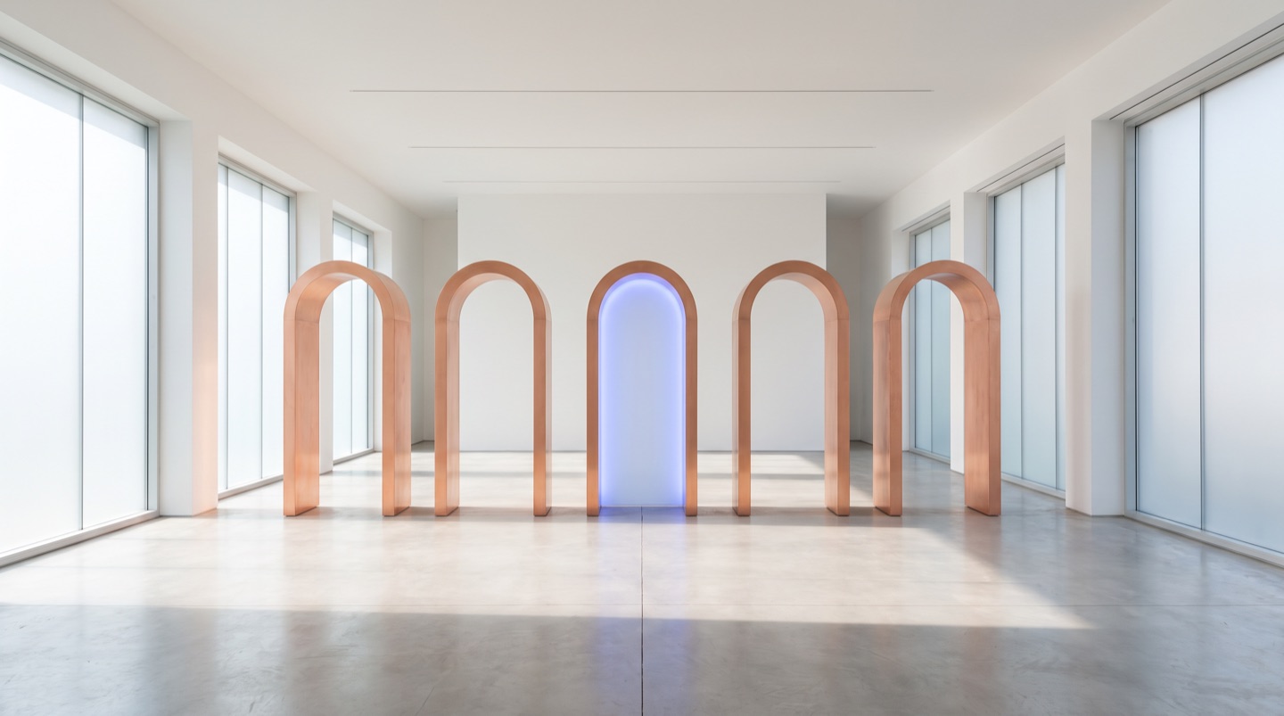 Six identical copper archway gates in a bright white gallery, one glowing blue